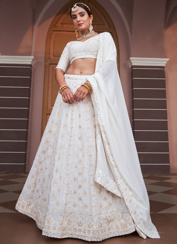 Beige Georgette Lucknowi Work Lehenga Choli For Occasion